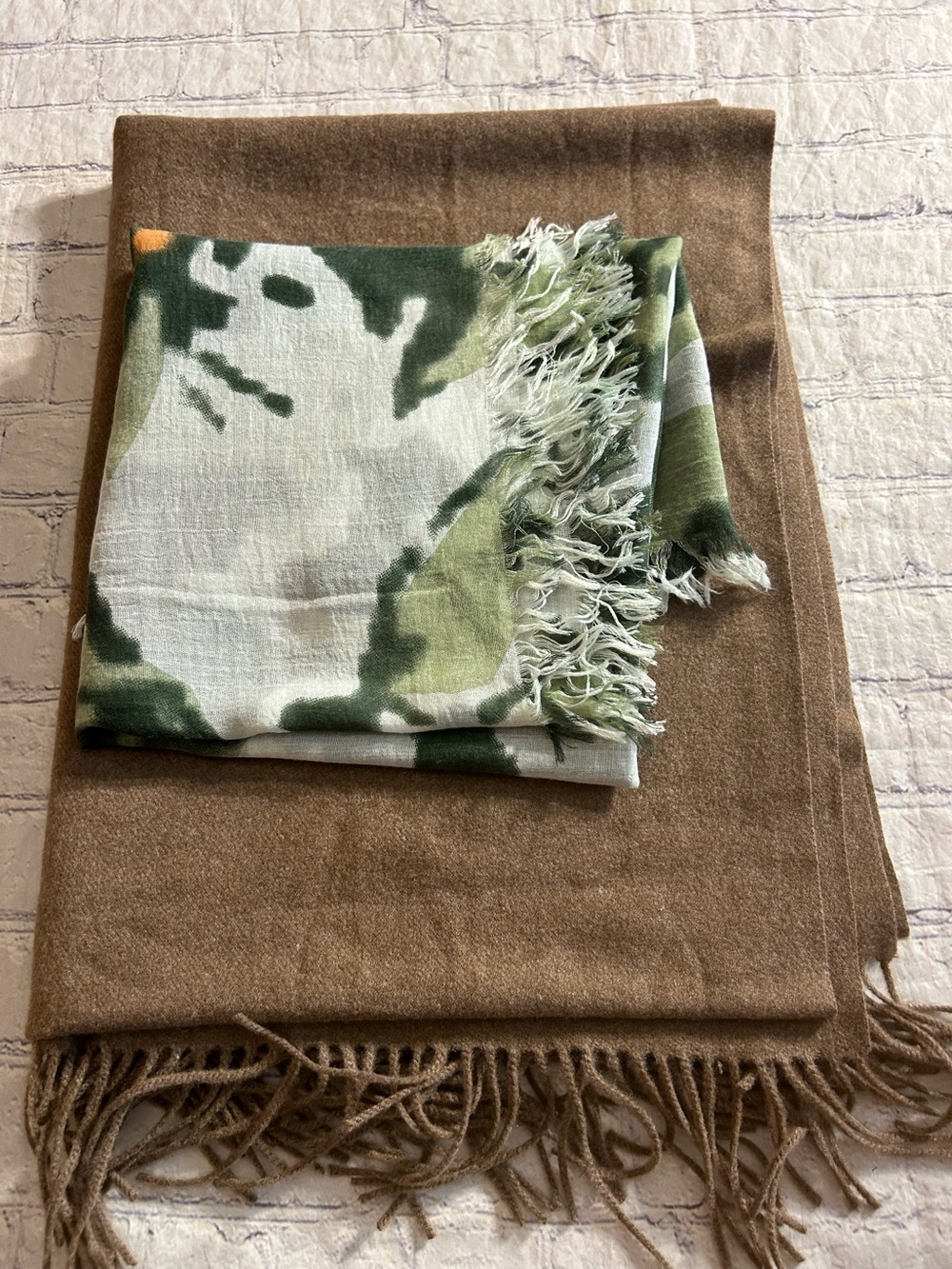 PRETTY PERSUASIONS TAUPE VISCOSE BLEND WITH FRINGE CAMOUFLAGE WITH FRINGE SCARFS